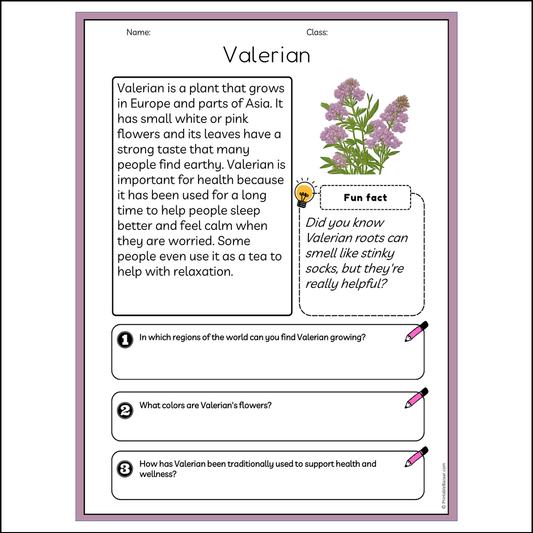 Valerian | Reading Passage Comprehension Questions Writing Facts Worksheet