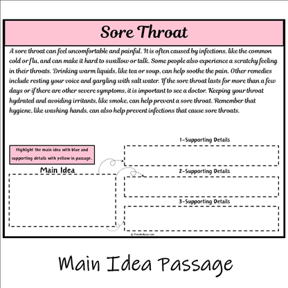 Sore Throat | Main Idea and Supporting Details Reading Passage and Questions