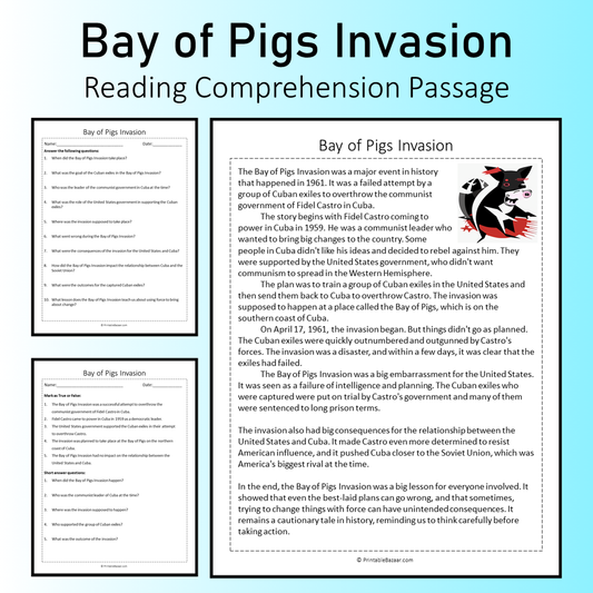 Bay of Pigs Invasion | Reading Comprehension Passage Printable Worksheet