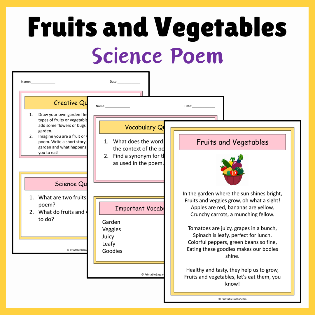 Fruits and Vegetables | Science Poem Reading Comprehension Activity