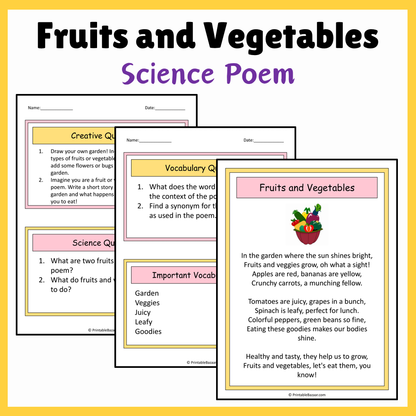 Fruits and Vegetables | Science Poem Reading Comprehension Activity