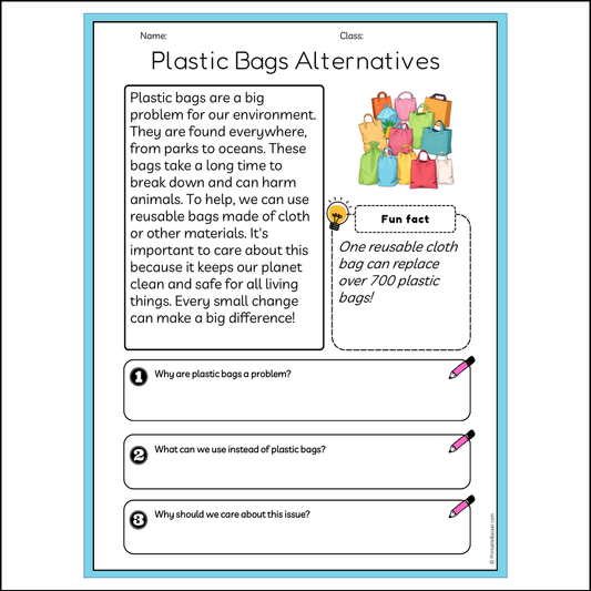 Plastic Bags Alternatives | Reading Passage Comprehension Questions Writing Facts Worksheet