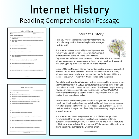 Internet History | Reading Comprehension Passage Printable Worksheet