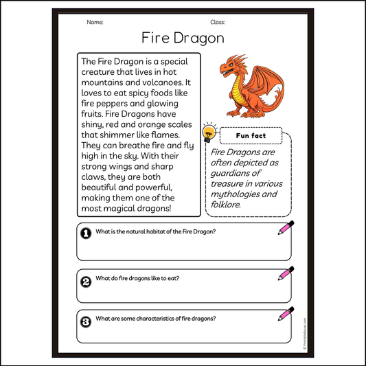 Fire Dragon | Reading Passage Comprehension Questions Writing Facts Worksheet
