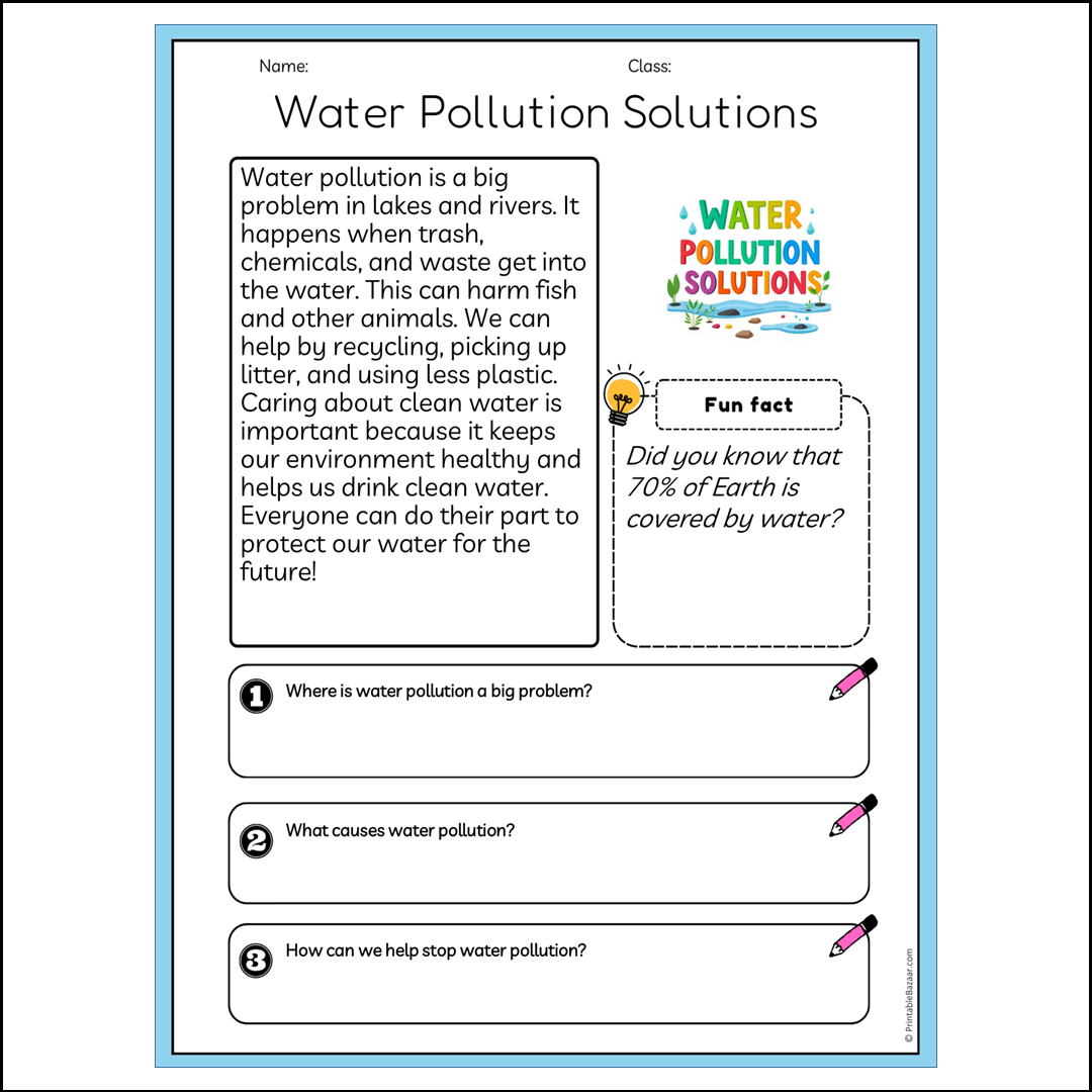 Water Pollution Solutions | Reading Passage Comprehension Questions Writing Facts Worksheet