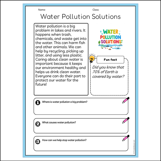 Water Pollution Solutions | Reading Passage Comprehension Questions Writing Facts Worksheet