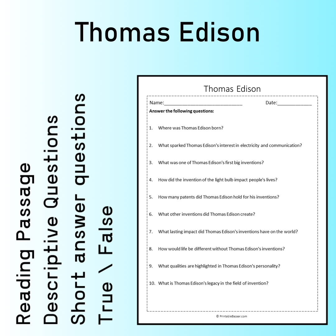 Thomas Edison | Reading Comprehension Passage Printable Worksheet