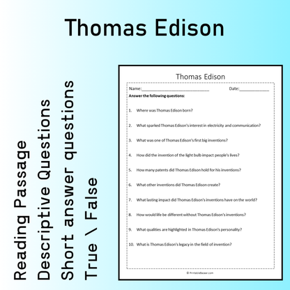 Thomas Edison | Reading Comprehension Passage Printable Worksheet