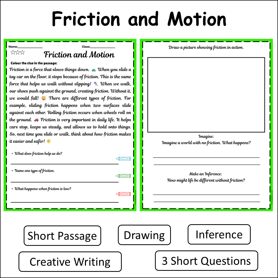 Friction and Motion | Short Reading Comprehension Creative Worksheet
