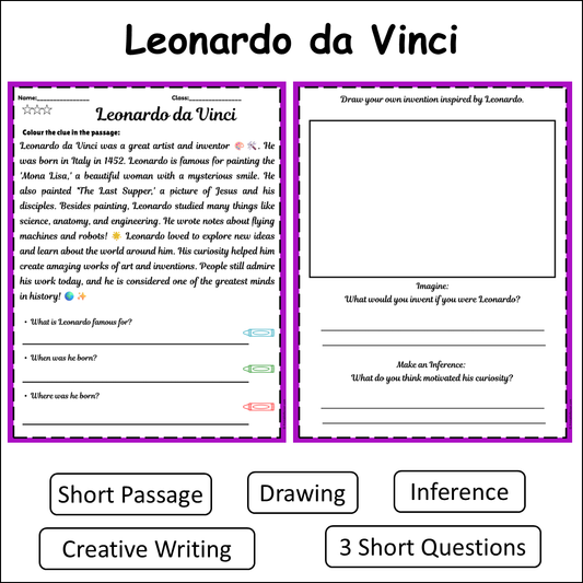 Leonardo da Vinci | Short Reading Comprehension Creative Worksheet