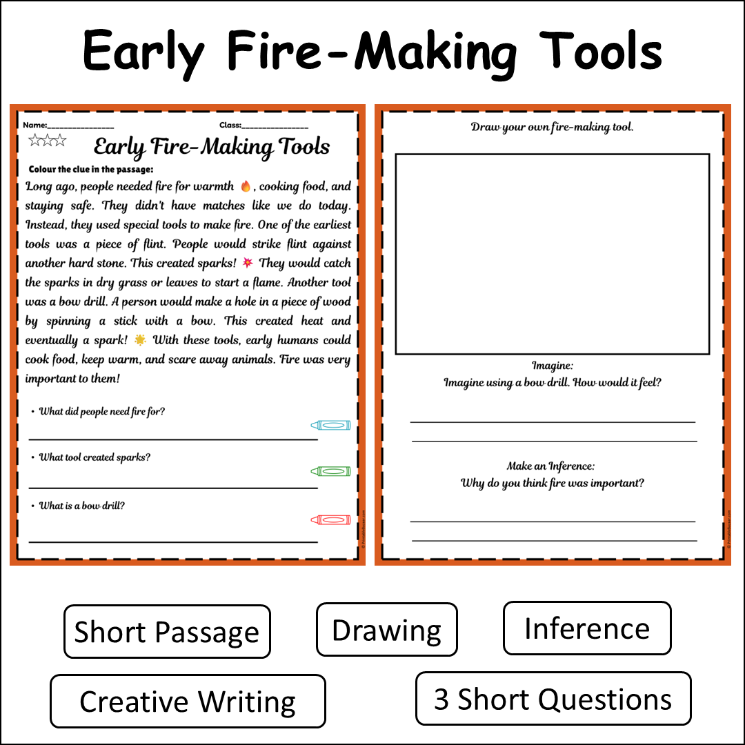 Early Fire-Making Tools | Short Reading Comprehension Creative Worksheet