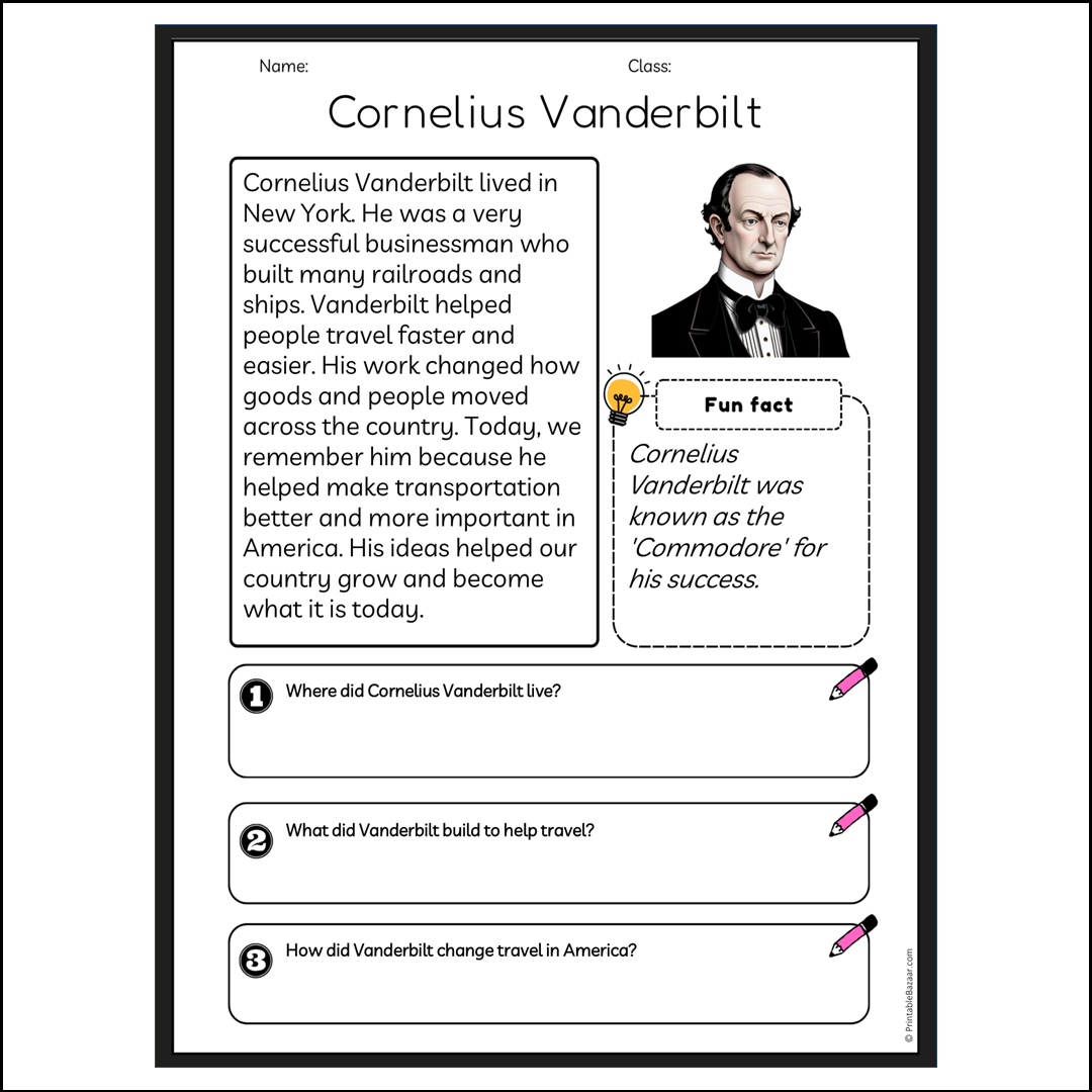 Cornelius Vanderbilt | Reading Passage Comprehension Questions Writing Facts Worksheet