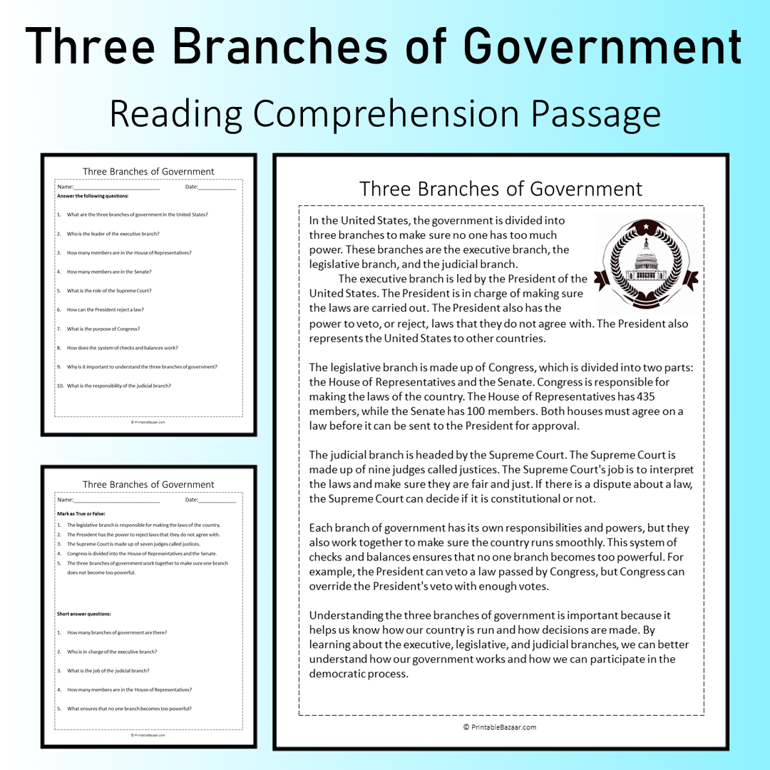 Three Branches of Government | Reading Comprehension Passage Printable Worksheet