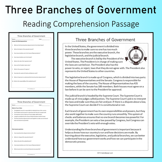 Three Branches of Government | Reading Comprehension Passage Printable Worksheet