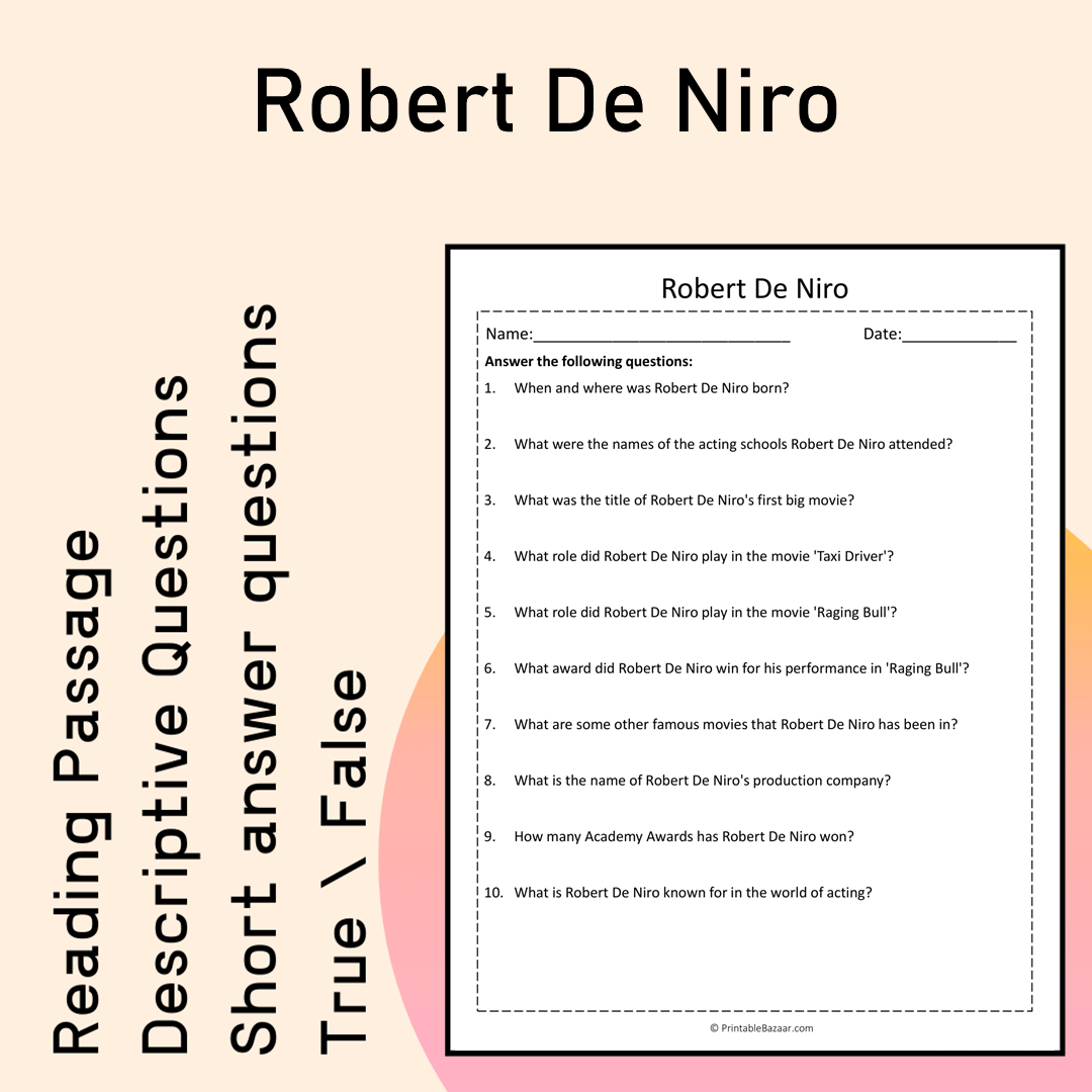 Robert De Niro | Reading Comprehension Passage Printable Activity