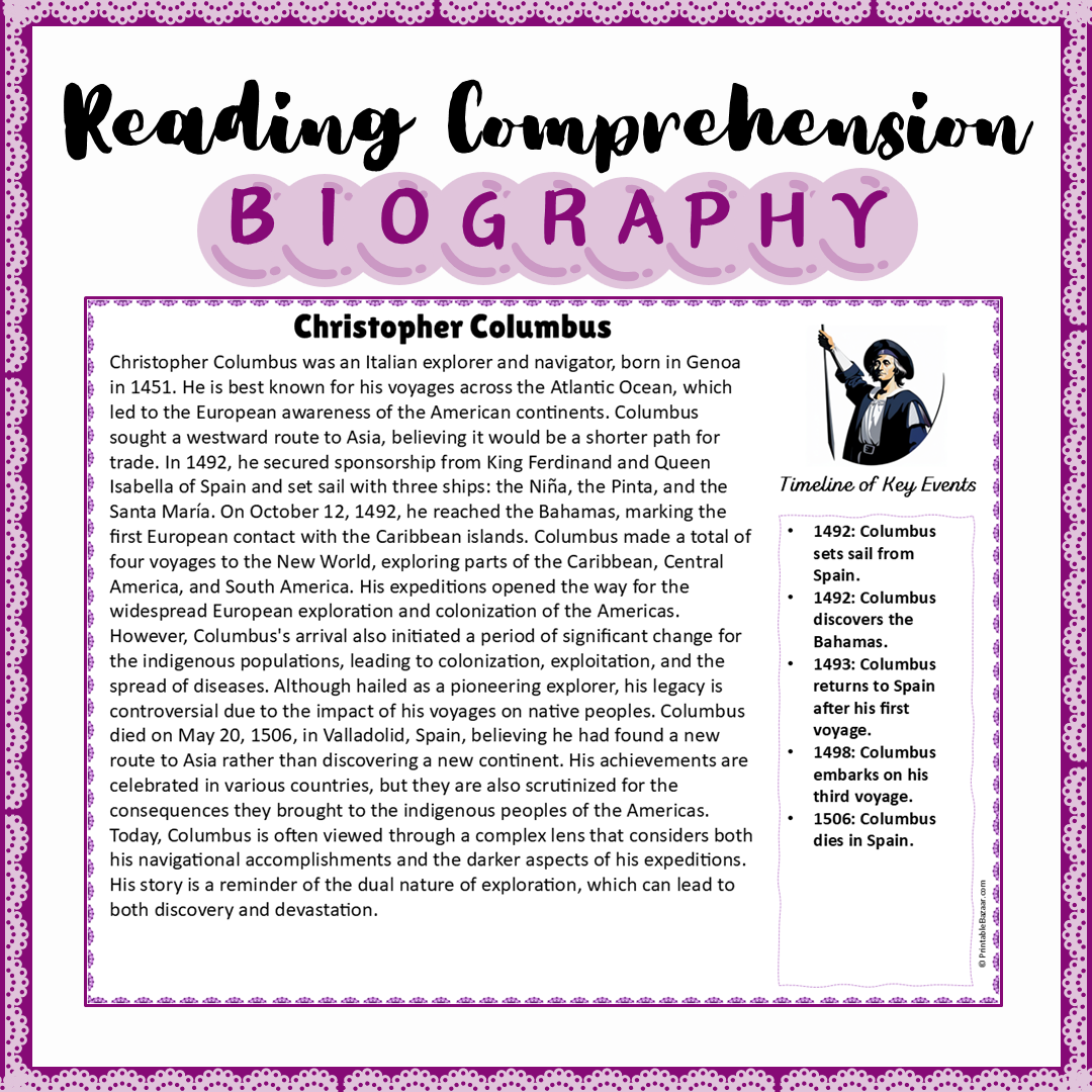 Christopher Columbus | Biography Reading Comprehension and Questions Worksheet