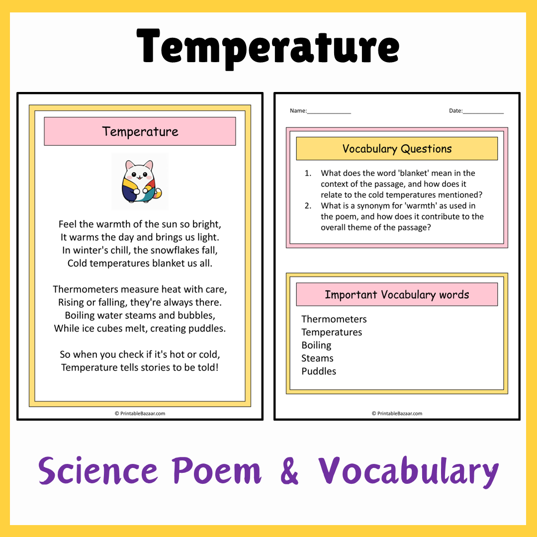 Temperature | Science Poem Reading Comprehension Activity