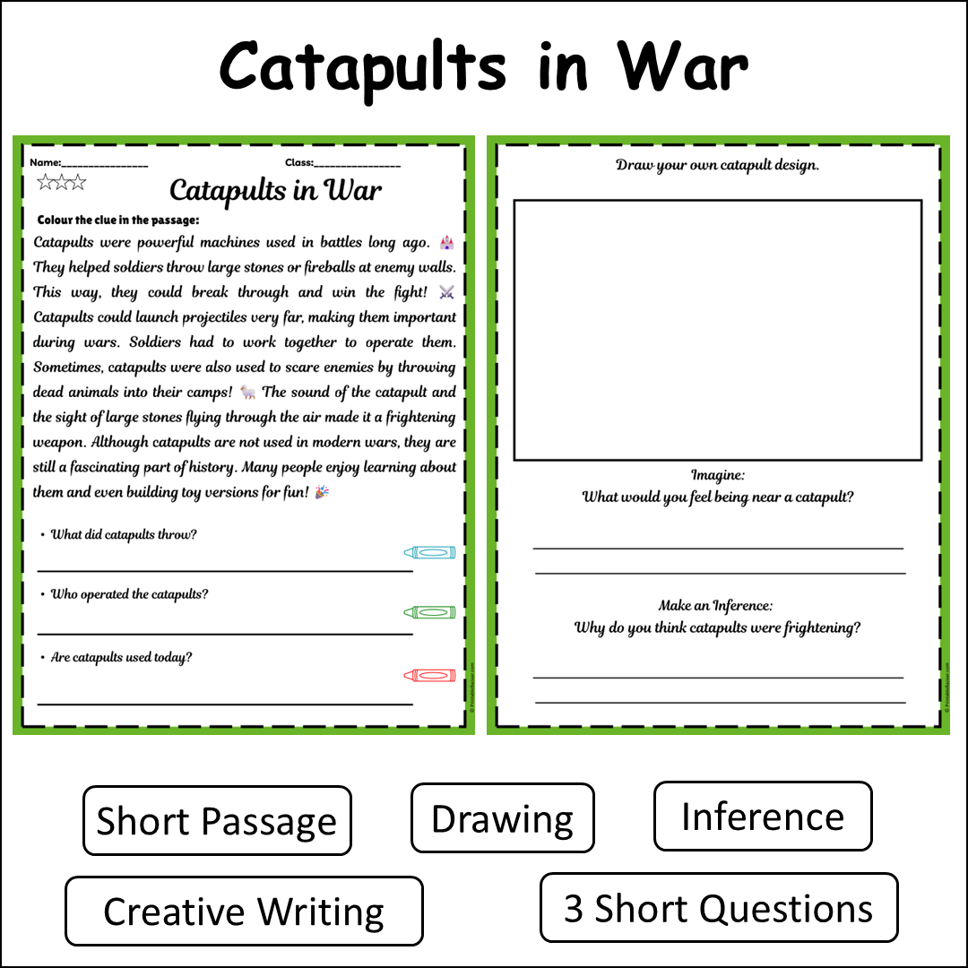 Catapults in War | Short Reading Comprehension Creative Worksheet