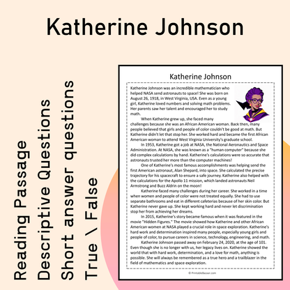 Katherine Johnson | Reading Comprehension Passage Printable Activity