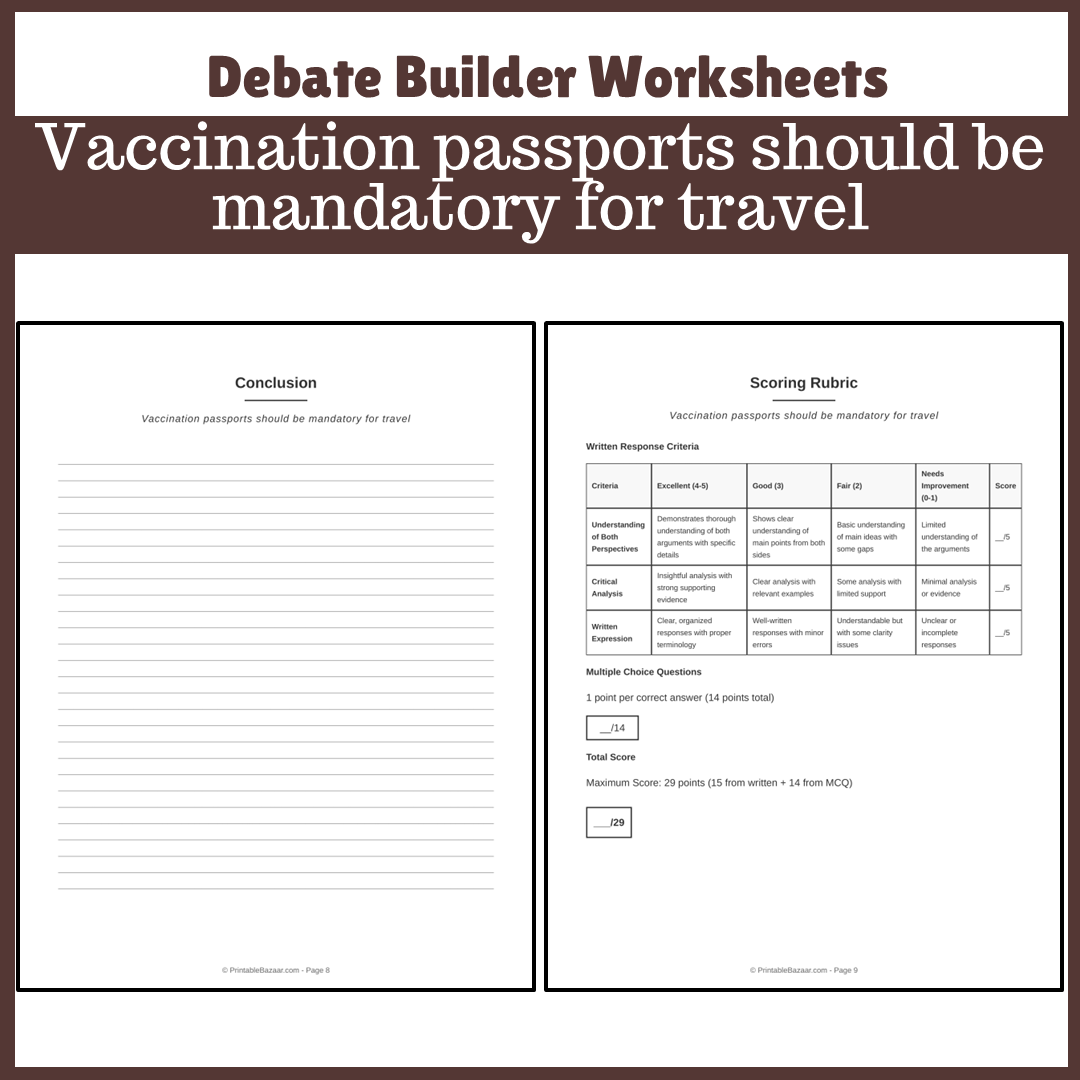 Vaccination passports should be mandatory for travel | Favour and Against Worksheet Printable Activity