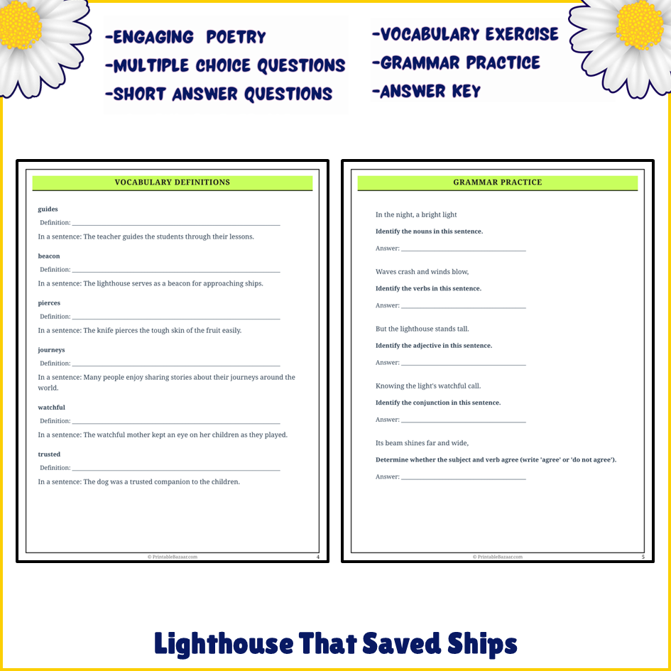 Lighthouse That Saved Ships | Poem Grammar Worksheet Printable Activity