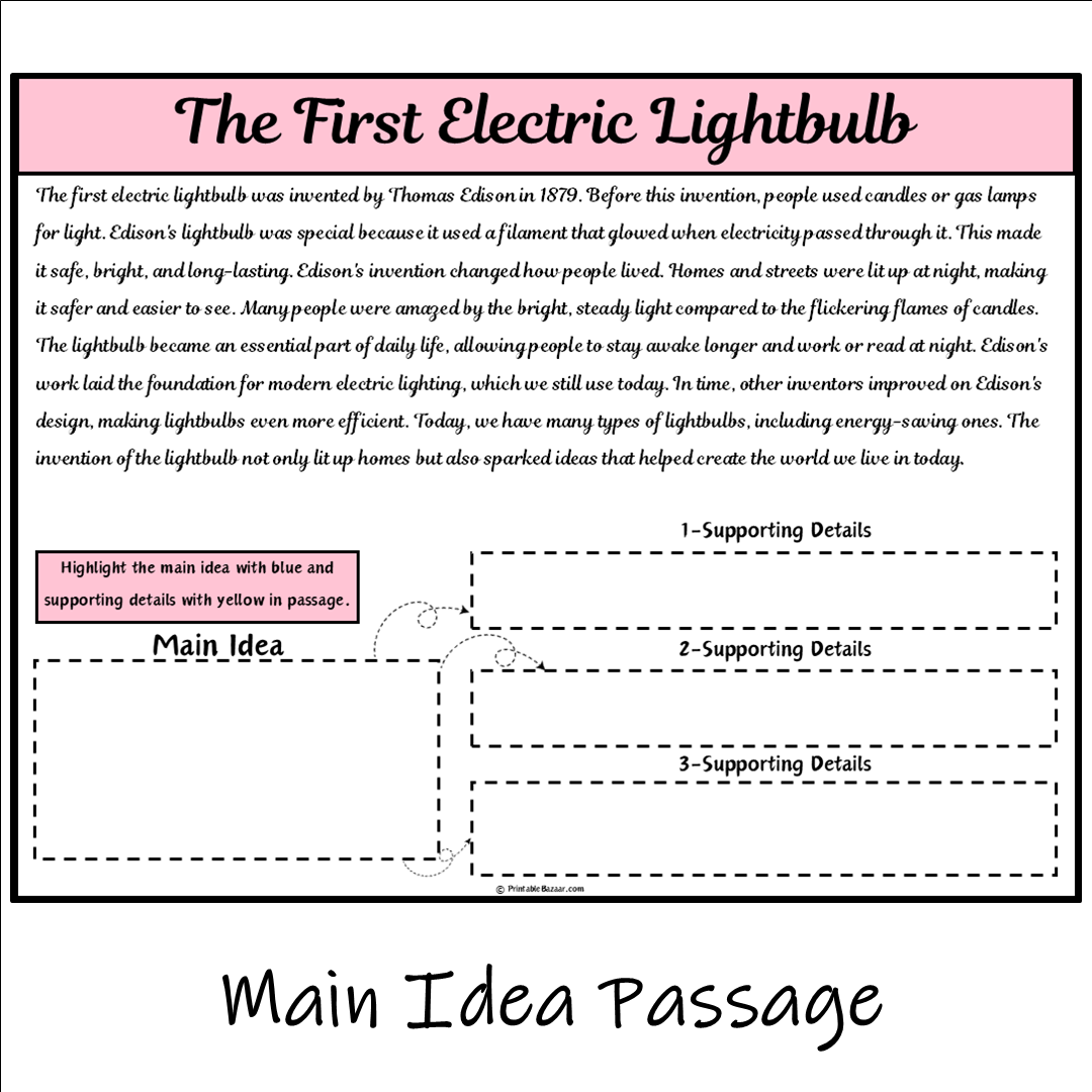 The First Electric Lightbulb | Main Idea and Supporting Details Reading Passage and Questions