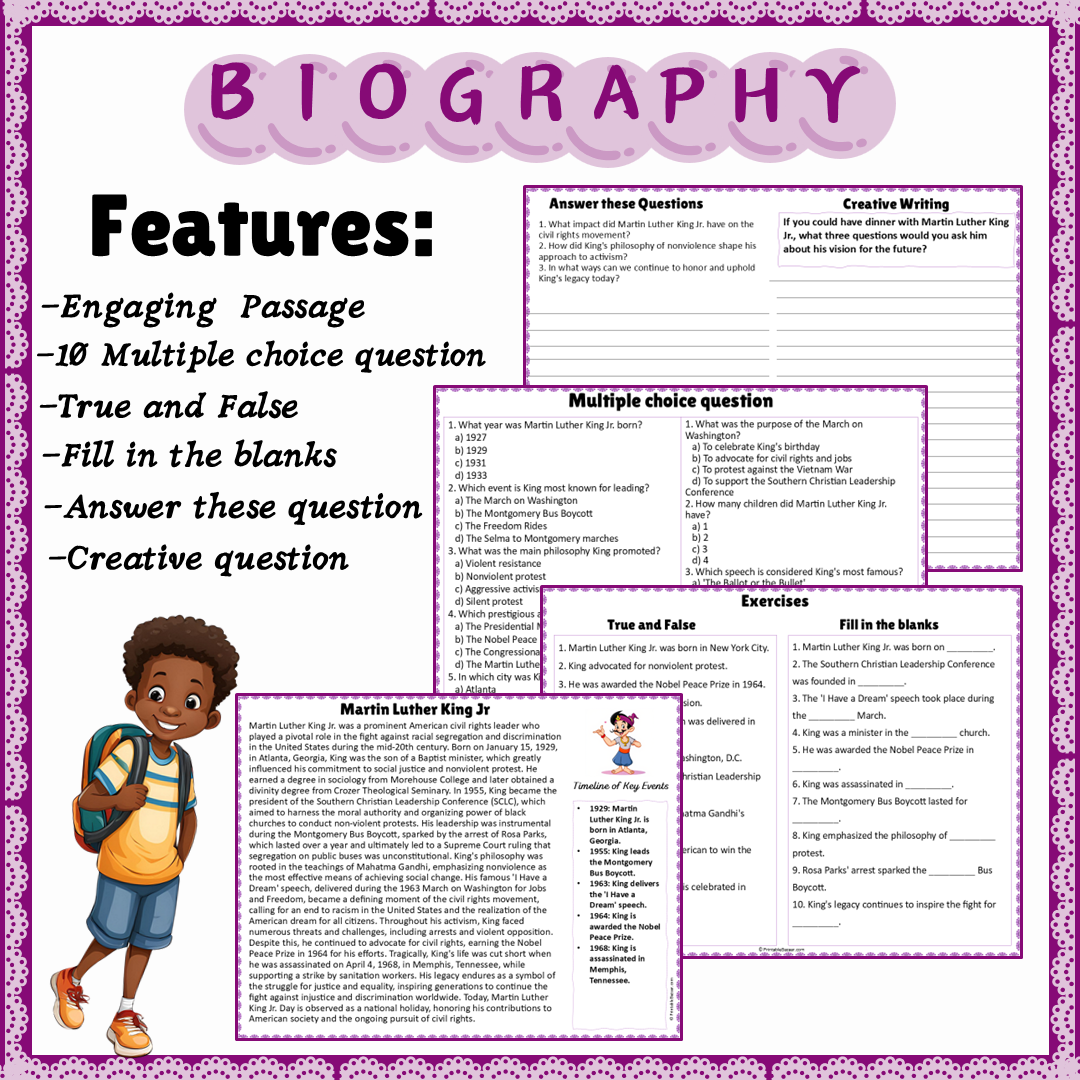 Martin Luther King Jr | Biography Reading Comprehension and Questions Worksheet