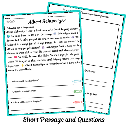 Albert Schweitzer | Short Reading Comprehension Creative Worksheet