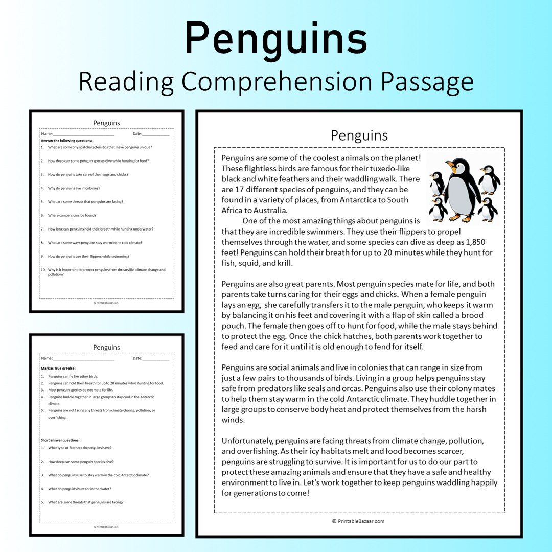 Penguins | Reading Comprehension Passage Printable Worksheet