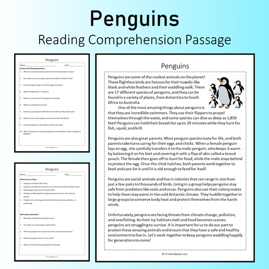 Penguins | Reading Comprehension Passage Printable Worksheet