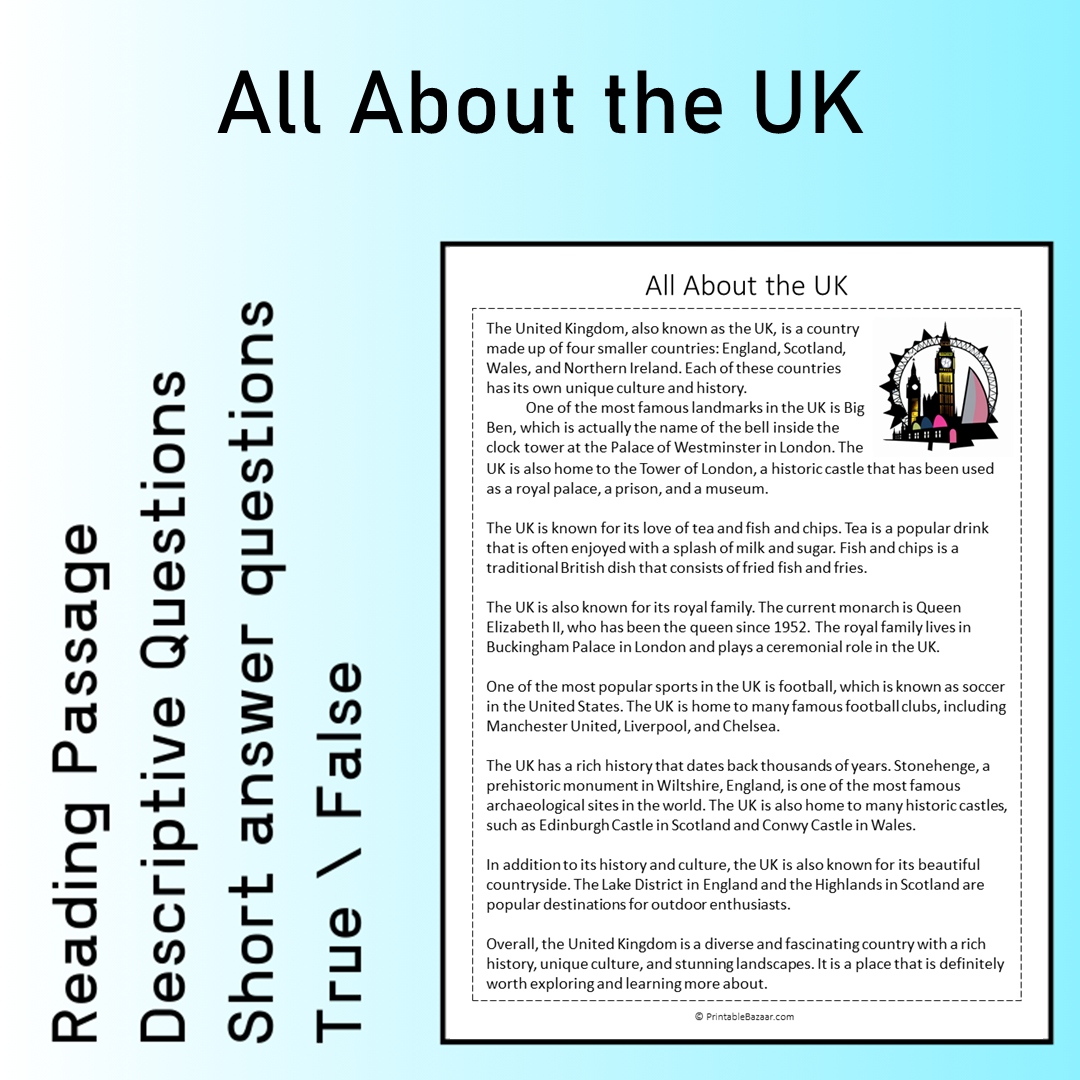 All About the UK | Reading Comprehension Passage Printable Worksheet