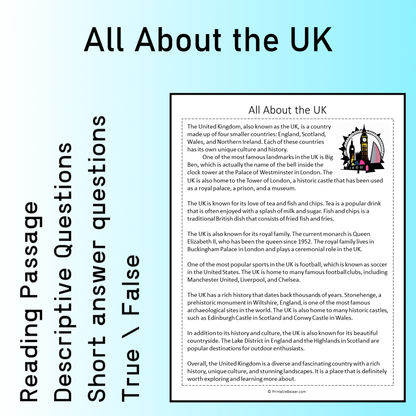 All About the UK | Reading Comprehension Passage Printable Worksheet
