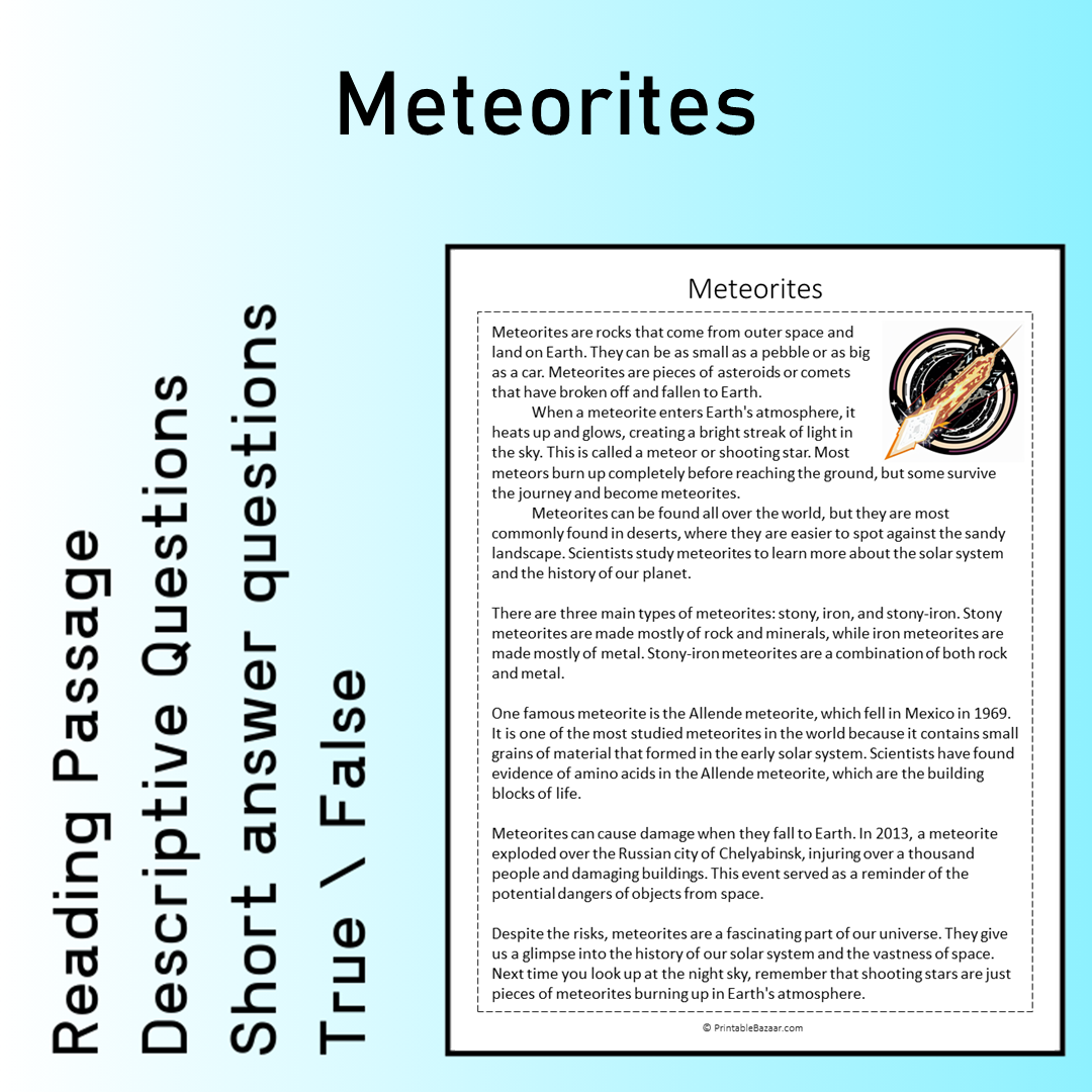 Meteorites | Reading Comprehension Passage Printable Worksheet