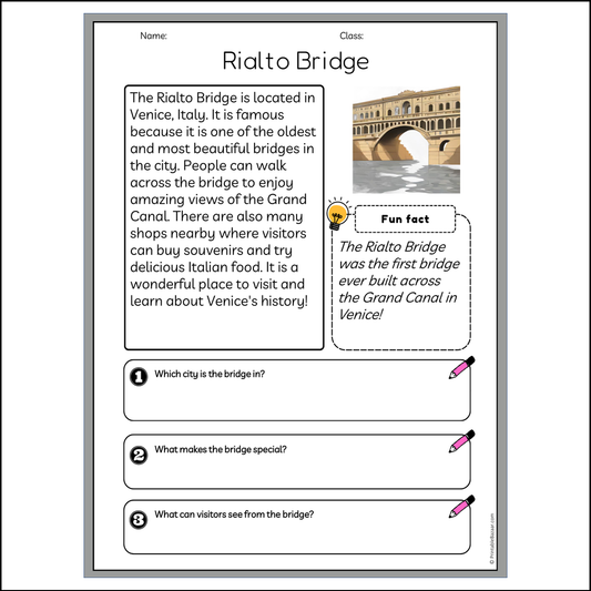 Rialto Bridge | Reading Passage Comprehension Questions Writing Facts Worksheet