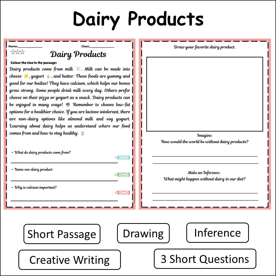 Dairy Products | Short Reading Comprehension Creative Worksheet