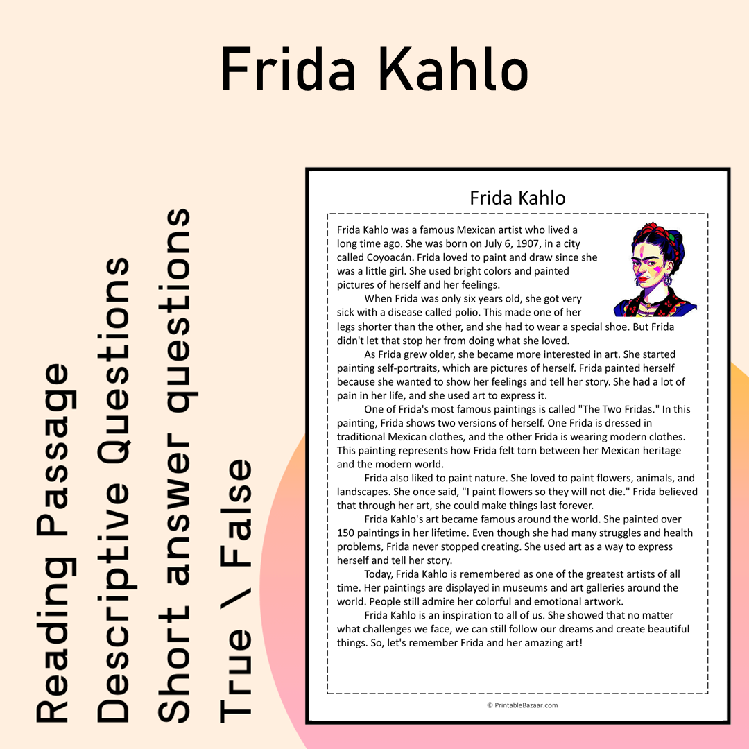 Frida Kahlo | Reading Comprehension Passage Printable Activity