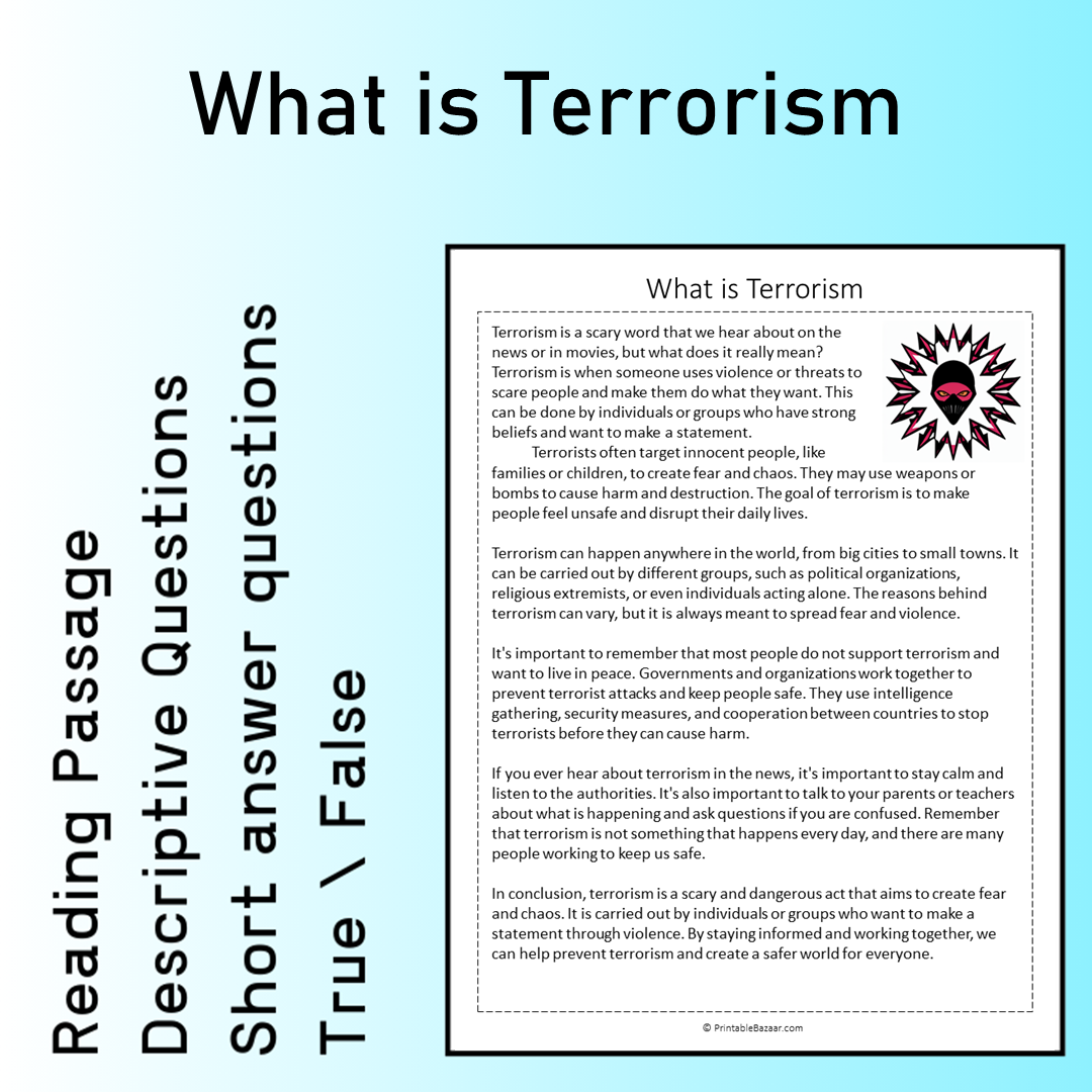 What is Terrorism | Reading Comprehension Passage Printable Worksheet