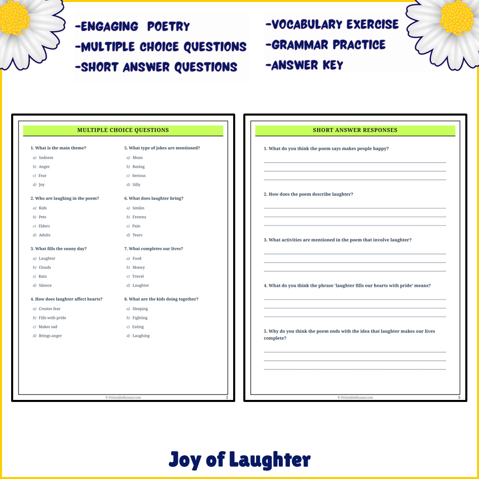 Joy of Laughter | Poem Grammar Worksheet Printable Activity