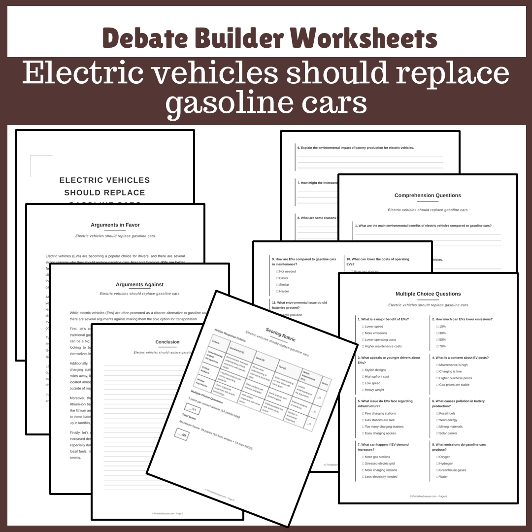 Electric vehicles should replace gasoline cars | Favour and Against Worksheet Printable Activity