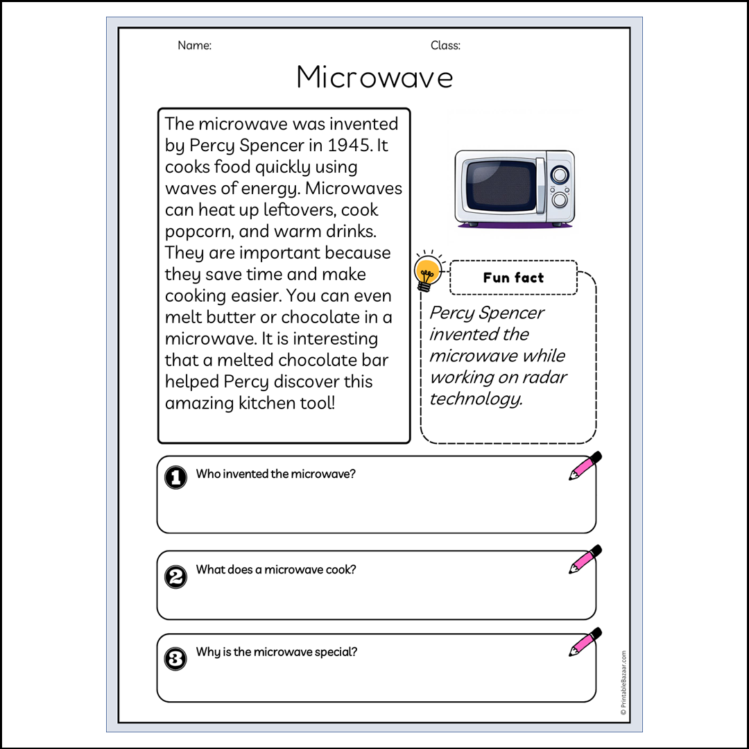 Microwave | Reading Passage Comprehension Questions Writing Facts Worksheet