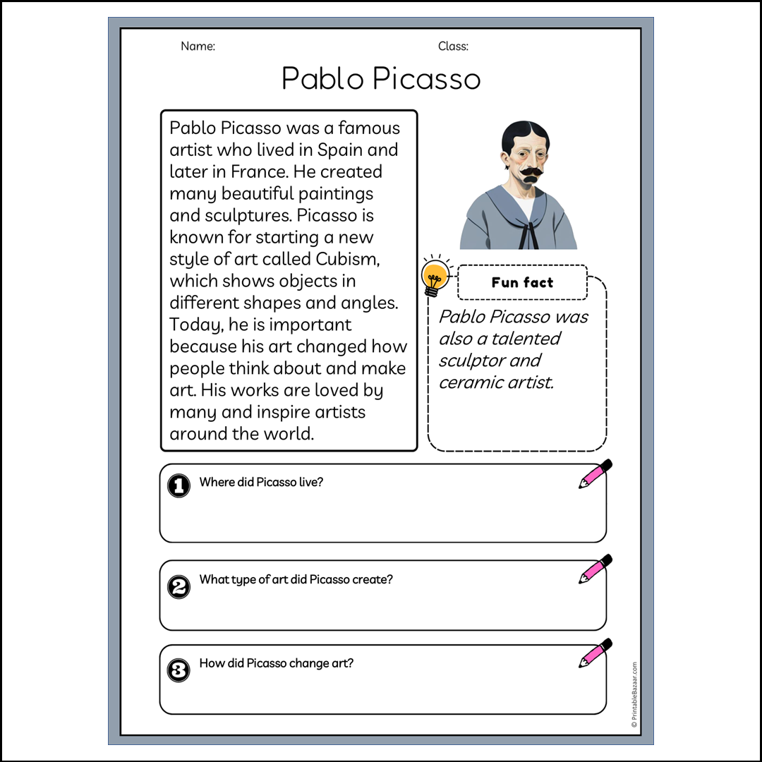 Pablo Picasso | Reading Passage Comprehension Questions Writing Facts Worksheet