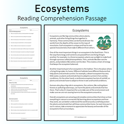 Ecosystems | Reading Comprehension Passage Printable Worksheet