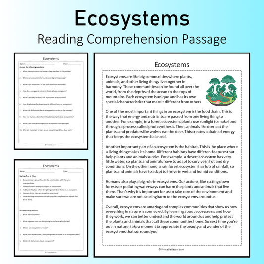 Ecosystems | Reading Comprehension Passage Printable Worksheet