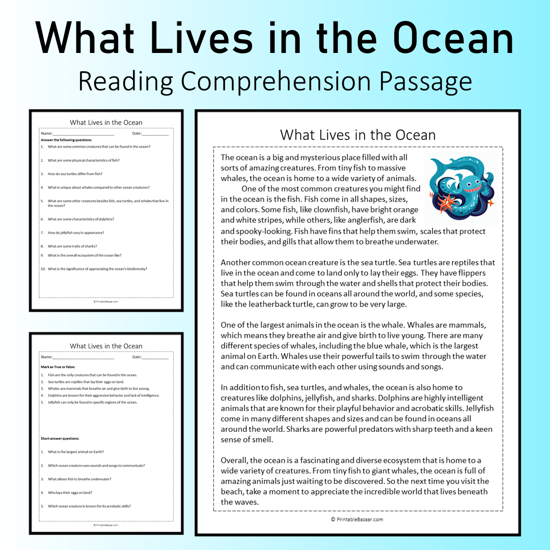 What Lives in the Ocean | Reading Comprehension Passage Printable Worksheet