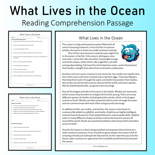 What Lives in the Ocean | Reading Comprehension Passage Printable Worksheet