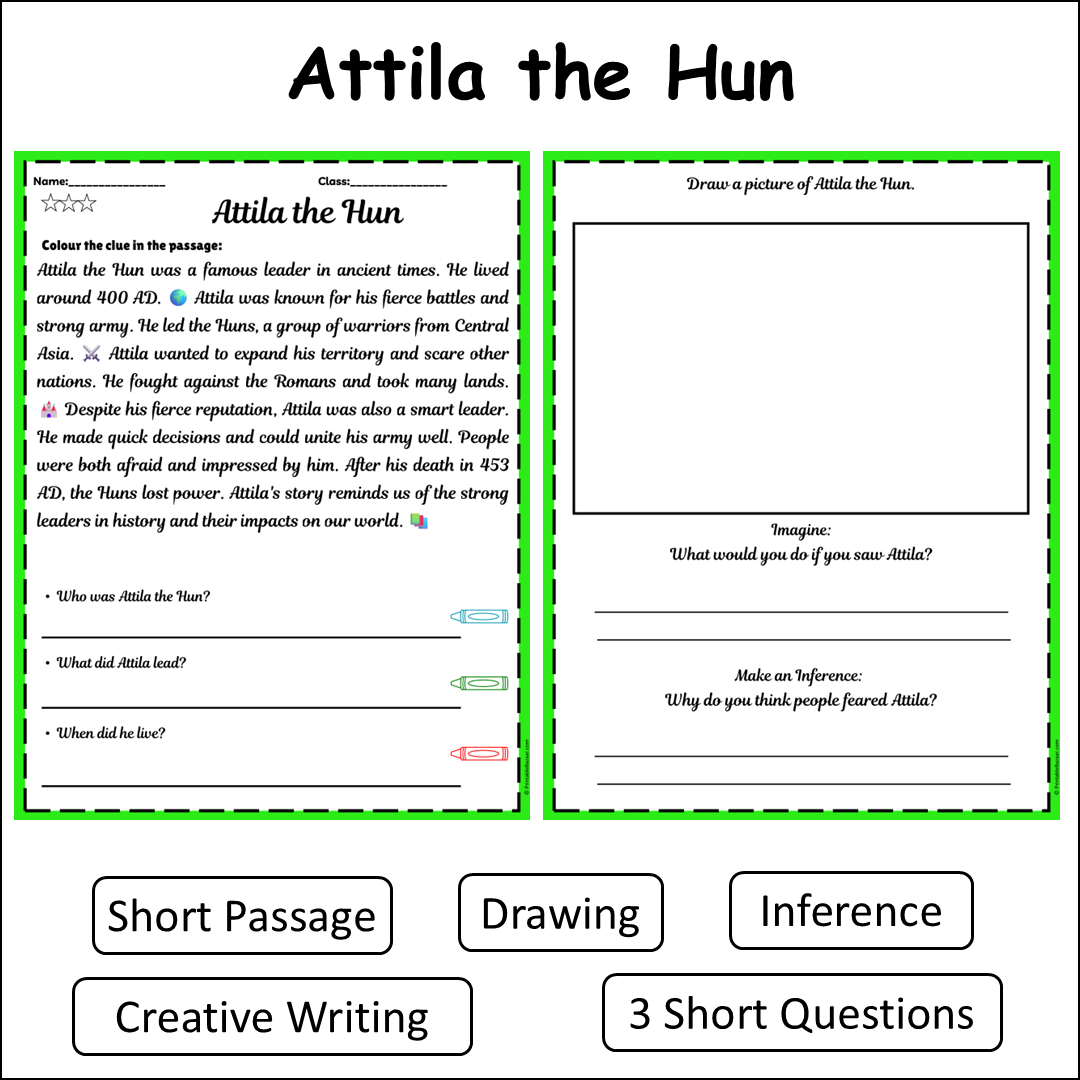 Attila the Hun | Short Reading Comprehension Creative Worksheet