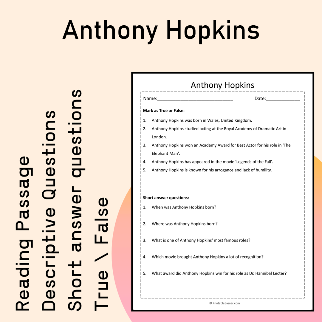 Anthony Hopkins | Reading Comprehension Passage Printable Activity