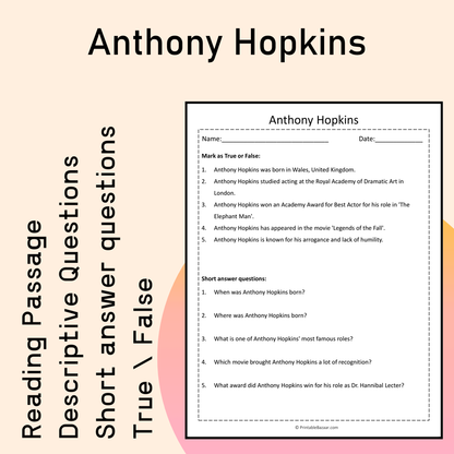 Anthony Hopkins | Reading Comprehension Passage Printable Activity