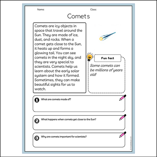 Comets | Reading Passage Comprehension Questions Writing Facts Worksheet