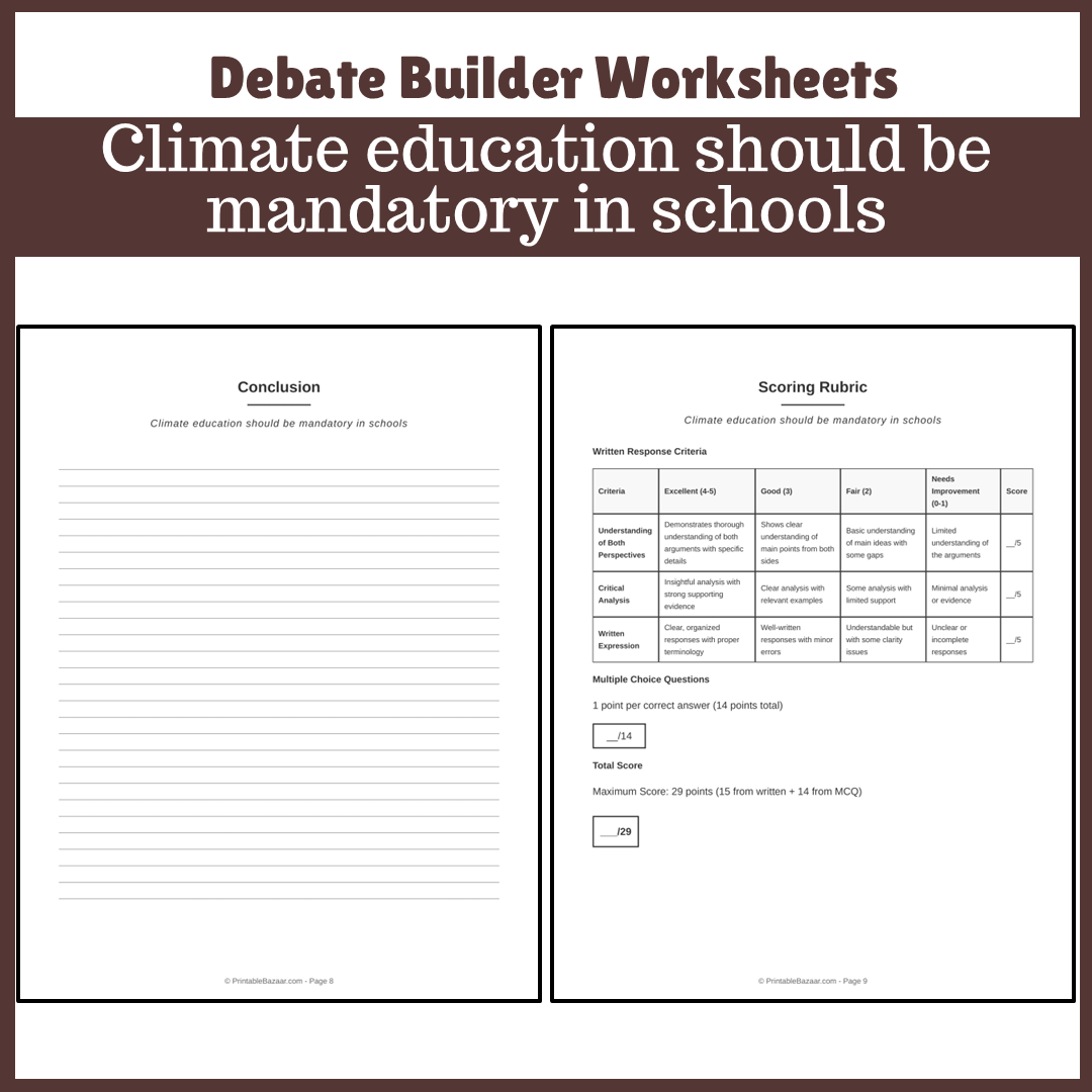 Climate education should be mandatory in schools | Favour and Against Worksheet Printable Activity